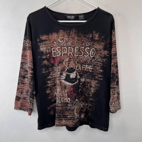 Take Two Clothing Co Espresso Cafe Shirt L Black Tan Sequins Boho Whimsigoth - Picture 1 of 5